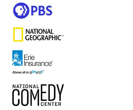 Logos for PBS, National Geographic, Erie Insurance, National Comedy Center